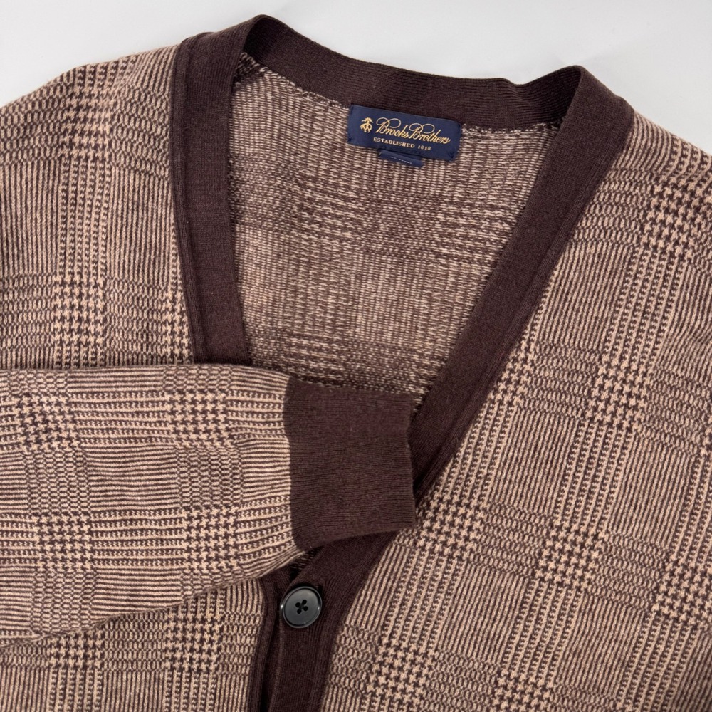 Brooks Brothers Cardigan Mens XL Brown Glen Plaid Lambswool Elbow Patch Sweater